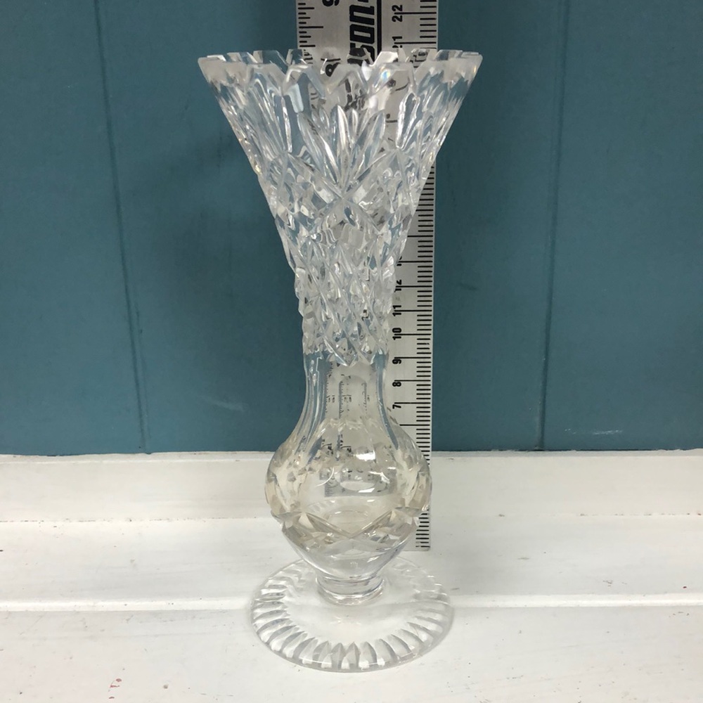 Vtg Footed Clear Glass Bud Vase Vintage Star of David Starburst Pinwheel 8”x3.5” - Picture 1 of 9